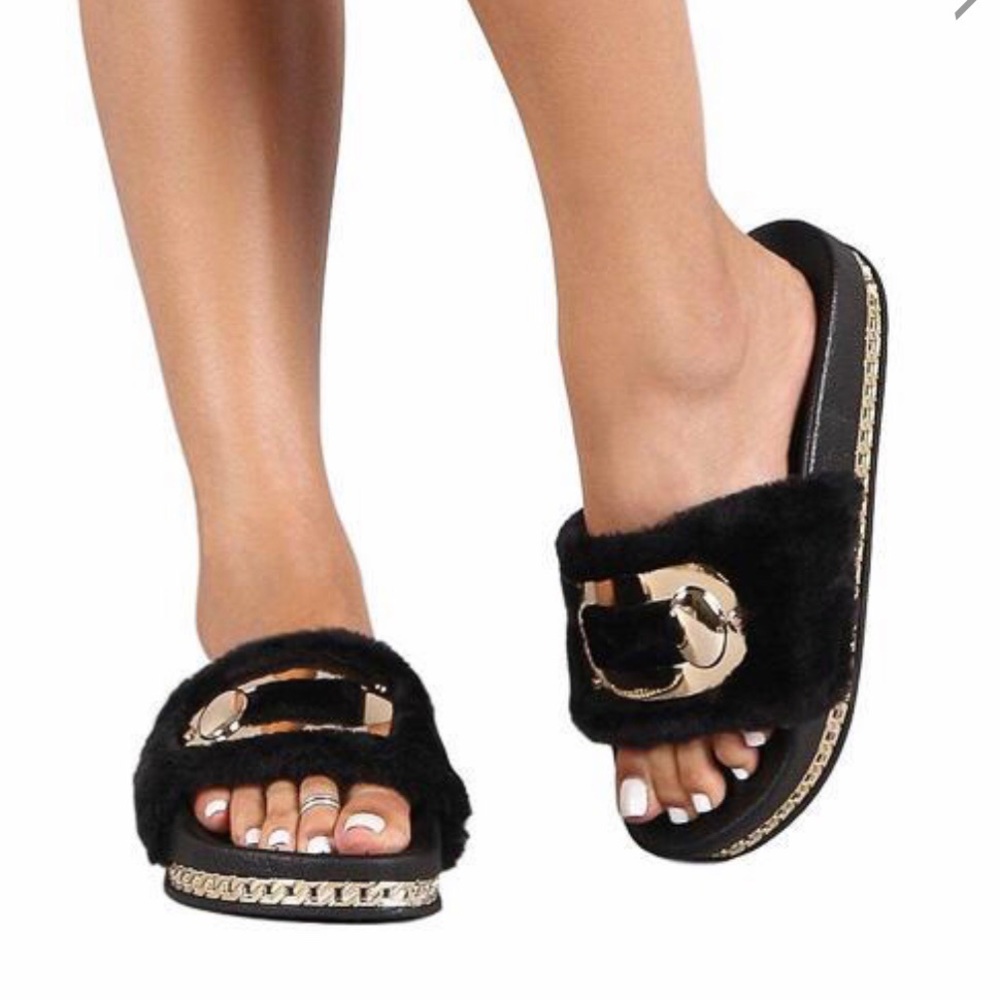 Black furry slip ons